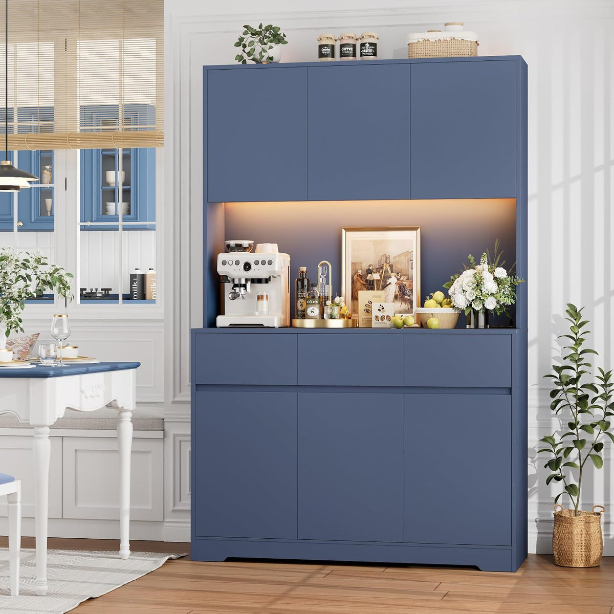 FINETONES 71" Pantry Cabinet with Power Outlets and Led Lights | Large Kitchen Hutch Storage with Microwave Stand, Tall Pantry Kitchen Cabinet with Cupboard, Blue