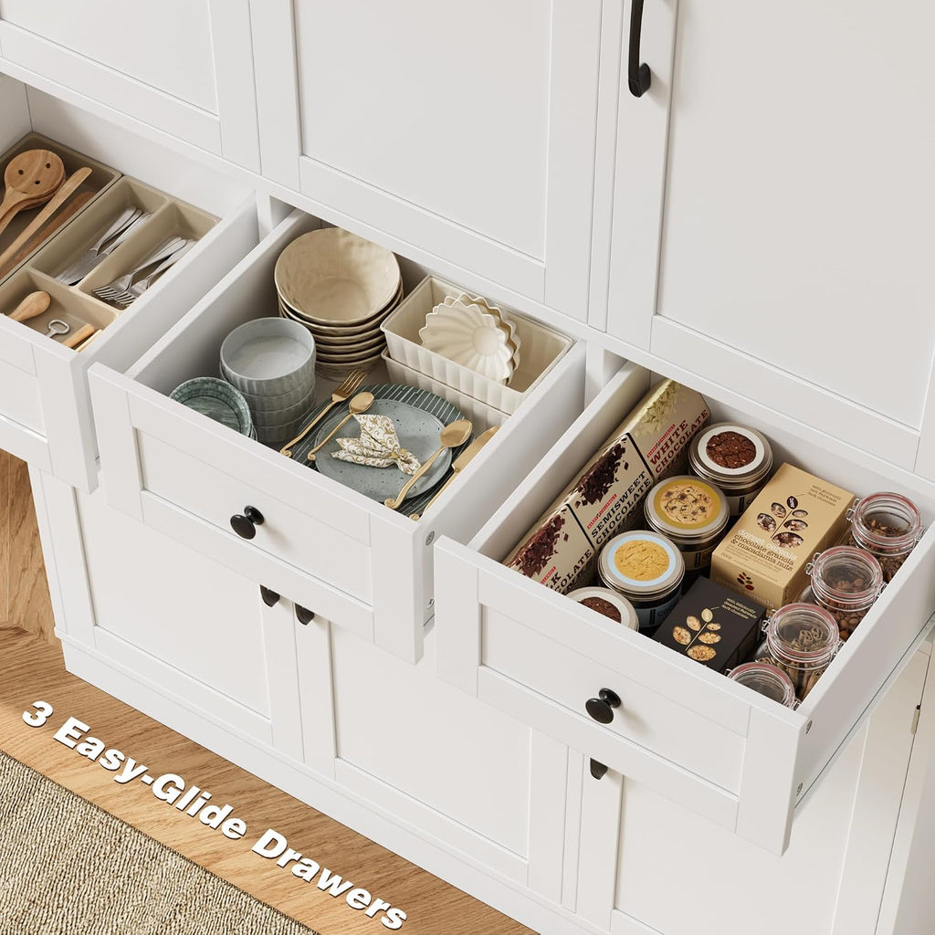 HITHOS 71" Tall Kitchen Pantry Storage Cabinet w/Drawers & Shelves, White | 47"W Kitchen Pantry Cabinet with Swing Out Doors, Large Wood Storage Cabinet, Modern Deep Food Pantry, Living Room