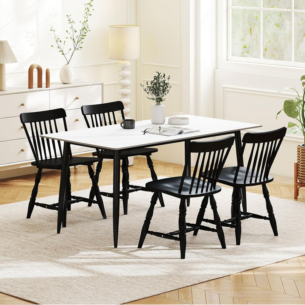 Giantex Black Windsor Dining Chairs Set of 4, Farmhouse Rubber Wood Kitchen Chairs with Turned Legs, Curved Spindle Back & Contoured Sat, Wooden Dining Room Chair for Living Room Restaurant