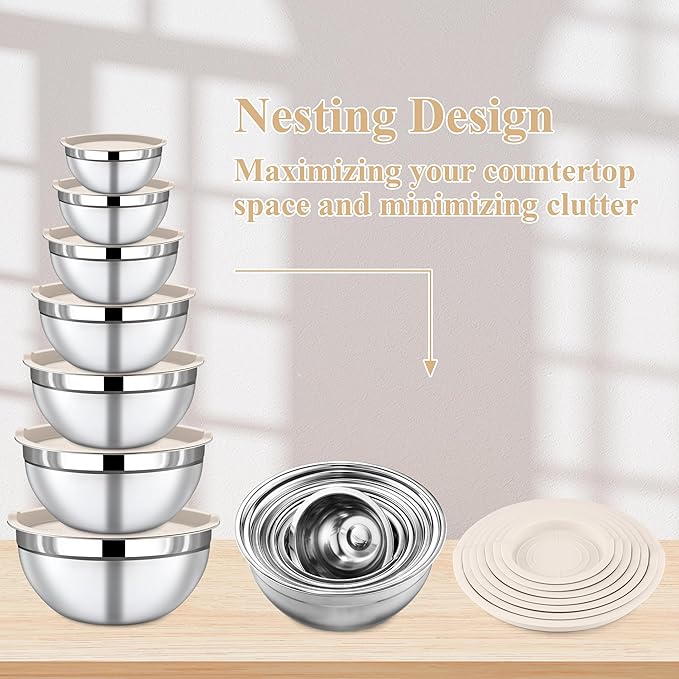 Mixing Bowls with Lids Set - 7 Piece Khaki Nesting Stainless Steel Mixing Bowls for Kitchen, Sizes 4.5, 4, 3.5, 2.1, 1.5, 1.1, 0.7 Qt for Baking, Cooking and Serving, Dishwasher Safe