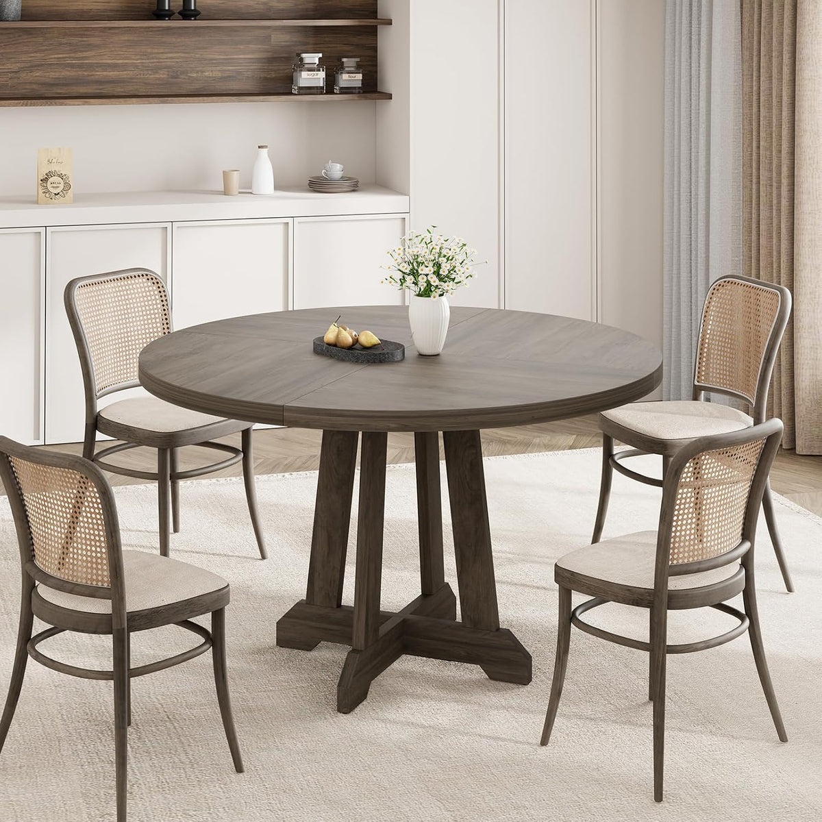 Garvee 47 Inch Round Dining Table for 4-6, Wood Kitchen Table with Cross Base and Adjustable Foot Pads, Dining Room Table with Circle Tabletop for Dining Room, Kitchen, Living Room, Brown