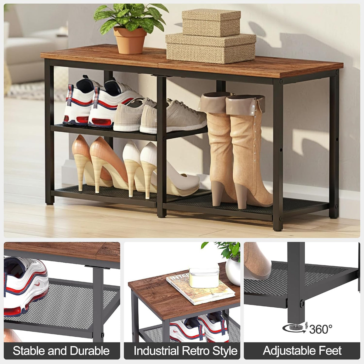 CHEMPFR Shoe Bench with Storage, Shoe Rack Organizer, Spacious Wood Top Entryway Bench, with 300 lb Capacity for Hallway, Living Room, Rustic Brown (3 Tier 31.5″x11.81″x15.74″)