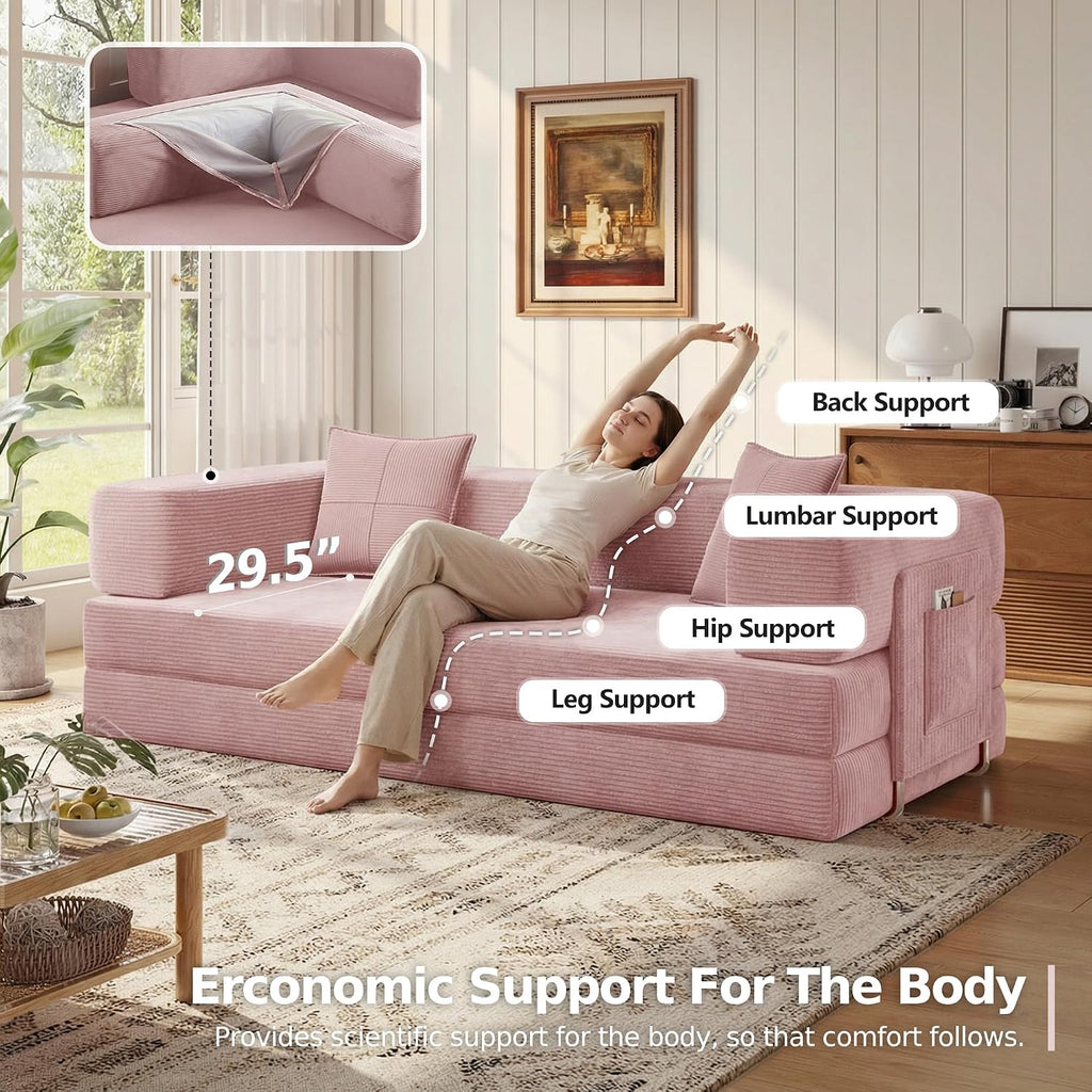 MoonSpeak 78.8'' Futon Sofa Bed, Couches for Living Room | Corduroy Convertible Futon Sofa Bed with Storage Pocket, Modular Sleeper Couch in a Box, No Assembly (Pink)
