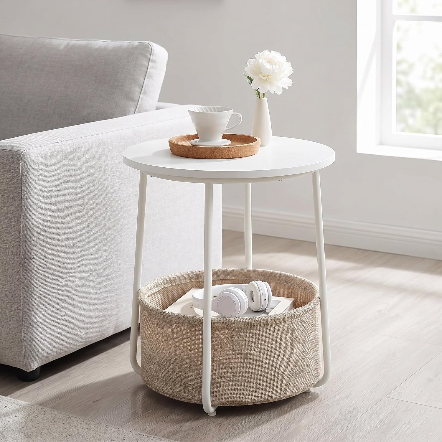 Nordic Minimalist Round Side Table with Reinforced U-Shaped Steel Frame, High-Strength Particleboard Top and Wrinkle-Resistant Double-Layer Polyester Fabric Storage Basket