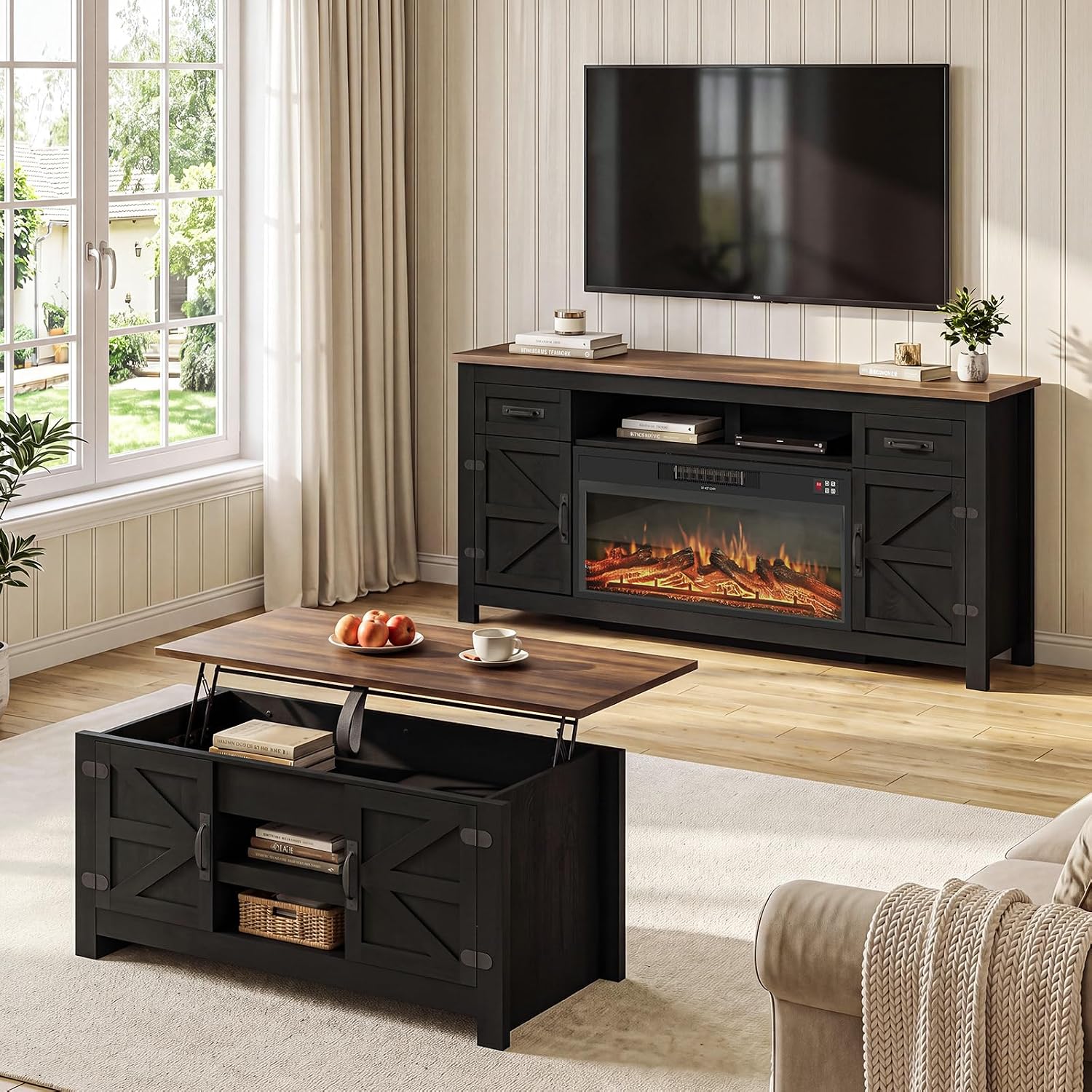 Farmhouse Living Room Table Sets of 2, 70 inch, Black | Includes 70 inch TV Stand, Lift Top Coffee Table with Charging Station, Modern Living Room Table Set