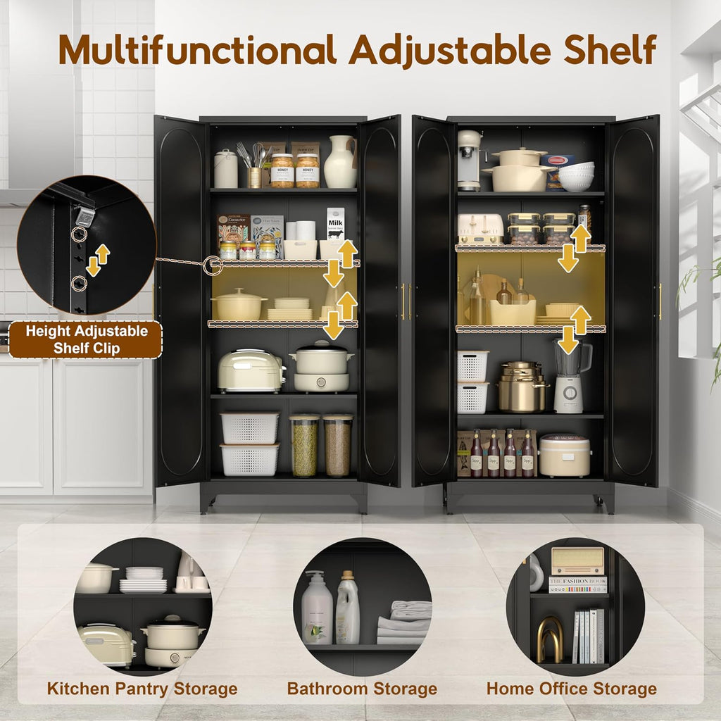 UNICOLY 75" Tall Pantry Storage Cabinet with Doors and 4 Adjustable Shelves, Freestanding Cupboard for Kitchen, Dining Room, Living Room, Bathroom, Black