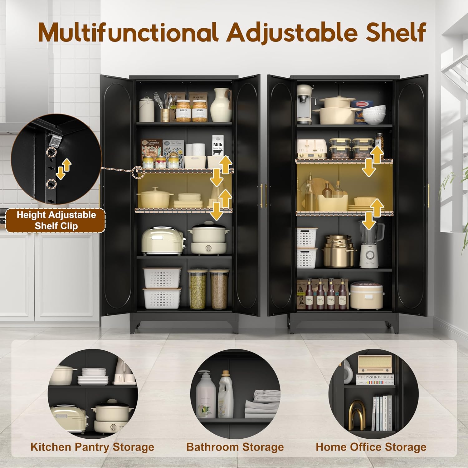 UNICOLY 75" Tall Pantry Storage Cabinet with Doors and 4 Adjustable Shelves, Freestanding Cupboard for Kitchen, Dining Room, Living Room, Bathroom, Black