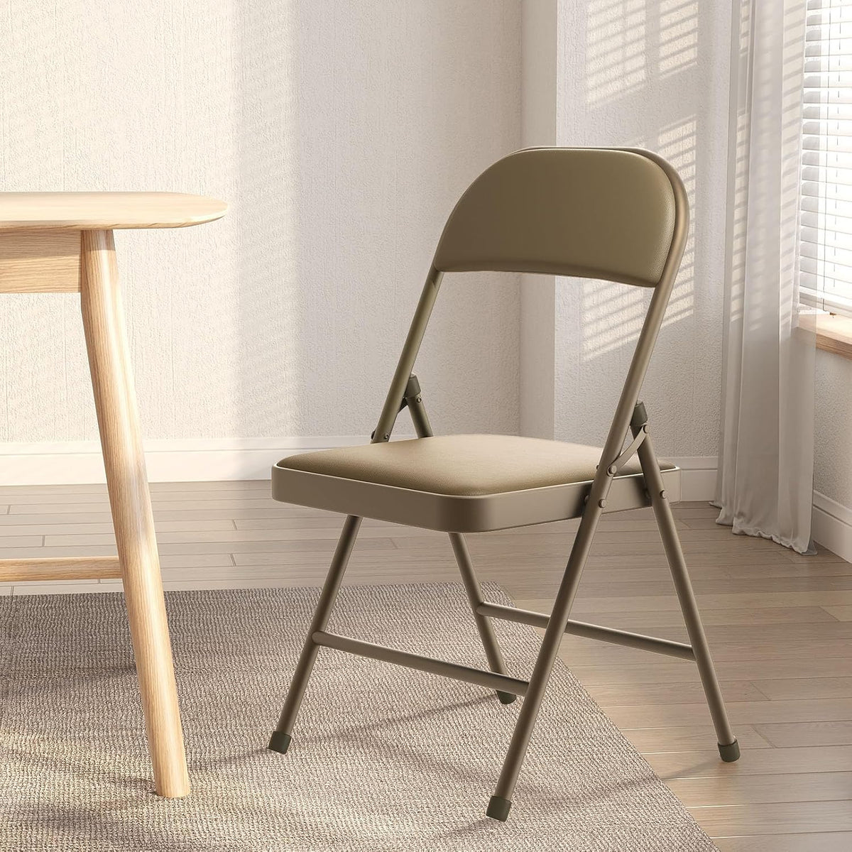 Nazhura Folding Chairs with Padded Vinyl Cushion Chairs with Comfortable Cushion and Durable Steel Frame for Home and Office, for Indoor and Outdoor Events (Kahki, Vinyl, 4 Pack)