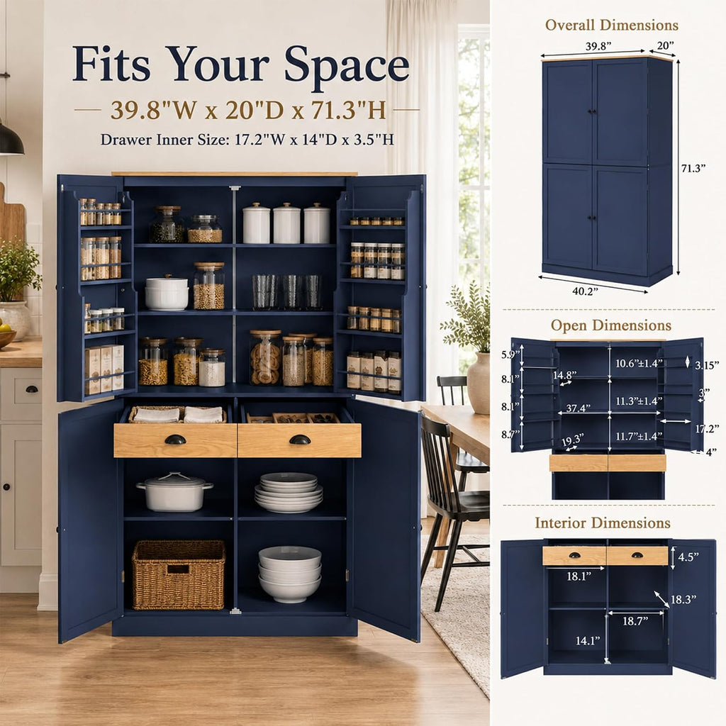 71" Tall Kitchen Pantry Storage Cabinet with 8 Door Shelves and 2 Storage Compartments, Two-Tone Freestanding Food Pantry Cabinet with Adjustable Shelves for Kitchen, Dining Room