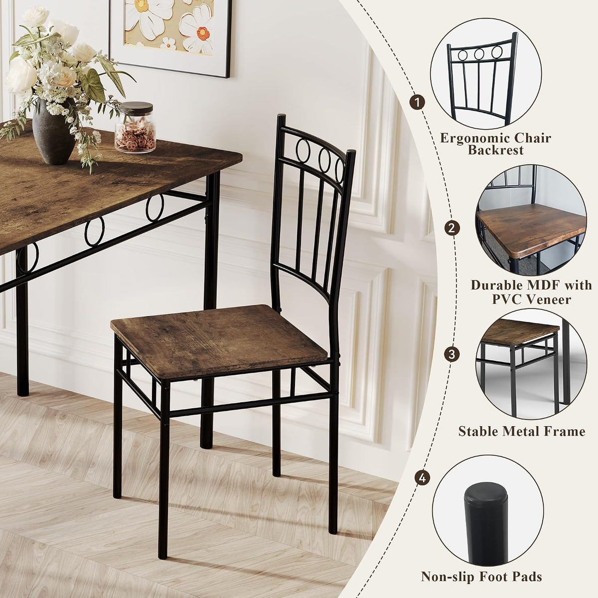 5 Piece Dining Table Set, Modern Metal&Wood Kitchen Dinner Table with 4 Chairs, Dining Room Table Sets for Small Spaces, Brown