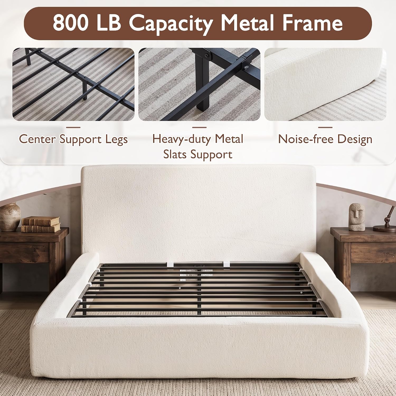 DNYN Queen Cloud Bed Frame with Cushion Headboard and 360° Foam Surround