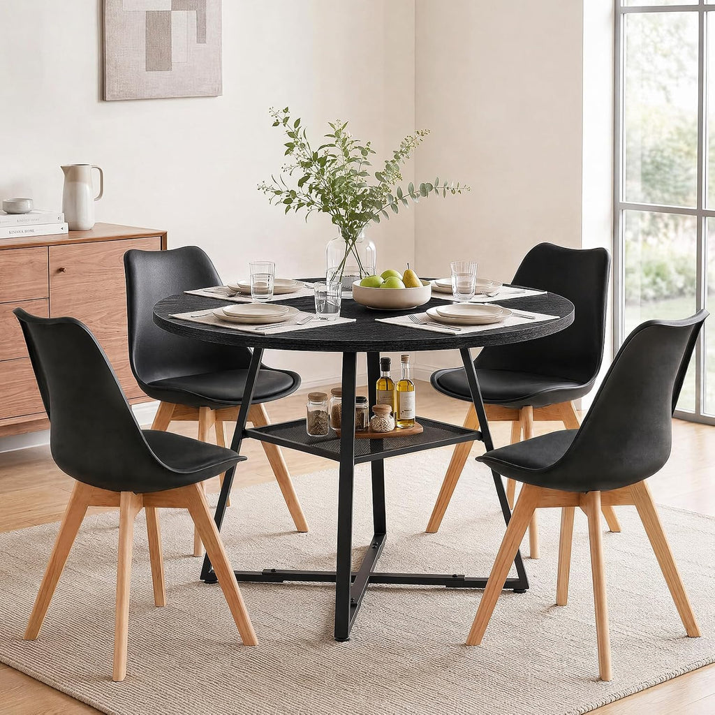 42in Round Dining Table Set for 4, Kitchen Table with Chairs | Circle Table, PU Leather Chair, Metal Cross Base, Storage Shelf, Breakfast Nook, Space-Saving, Apartment, Living Room, Black