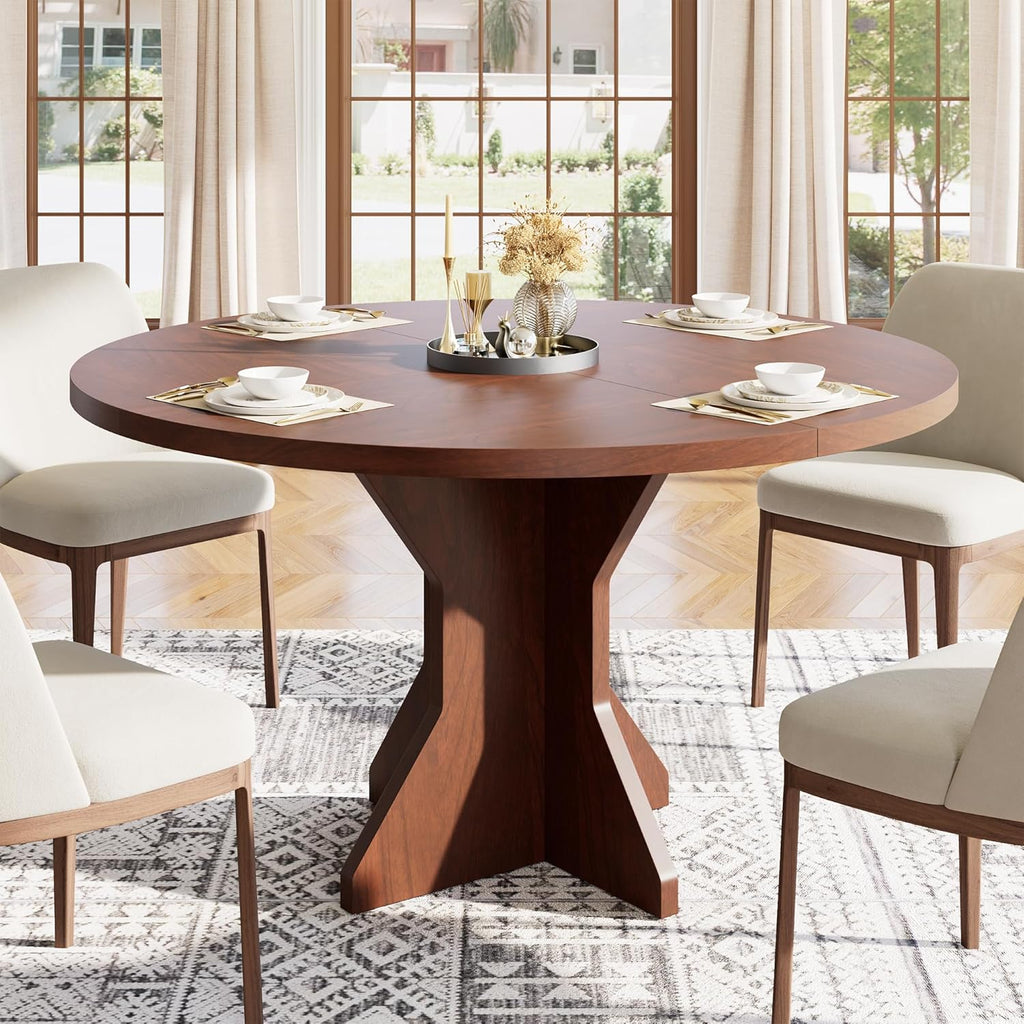 IDEALHOUSE Round Dining Table, 47" Kitchen Table for 4-6 People, Circle Tables with Sturdy Pedestal Base, Space Saving Dinning Room Furniture for Living Room, Kitchen, Apartment, Walnut