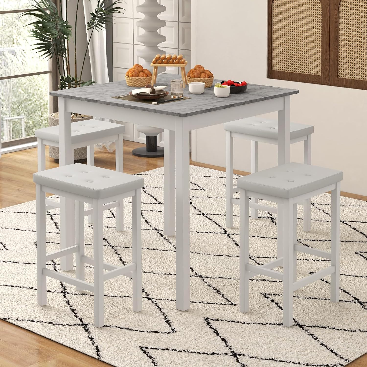 Tangkula 5-Piece Counter-Height Bar Table Set, Faux Marble Square Table & 4 PVC Leather Bar Stools w/Rubber Wood Legs, Modern Dining Set for Kitchen, Breakfast Nook & Small Spaces (White)