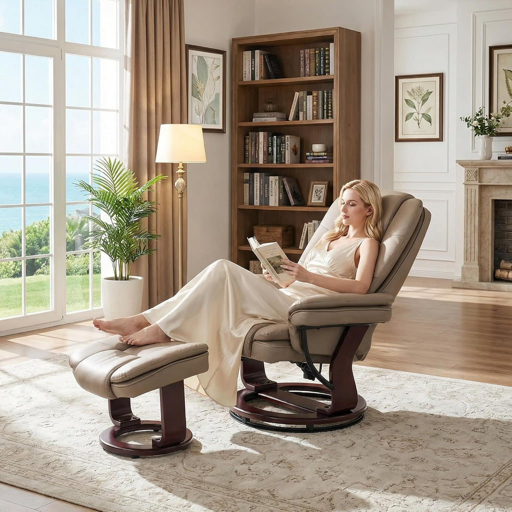 Swivel Recliner Chair with Ottoman Reclining Lounge Sofa Footrest, Set of 2 | 360°Sturdy Wood Base, Soft Faux Leather, Upholstered Ultra-Plush Foam, Modern Armchair, Living Room Bedroom Office Reading