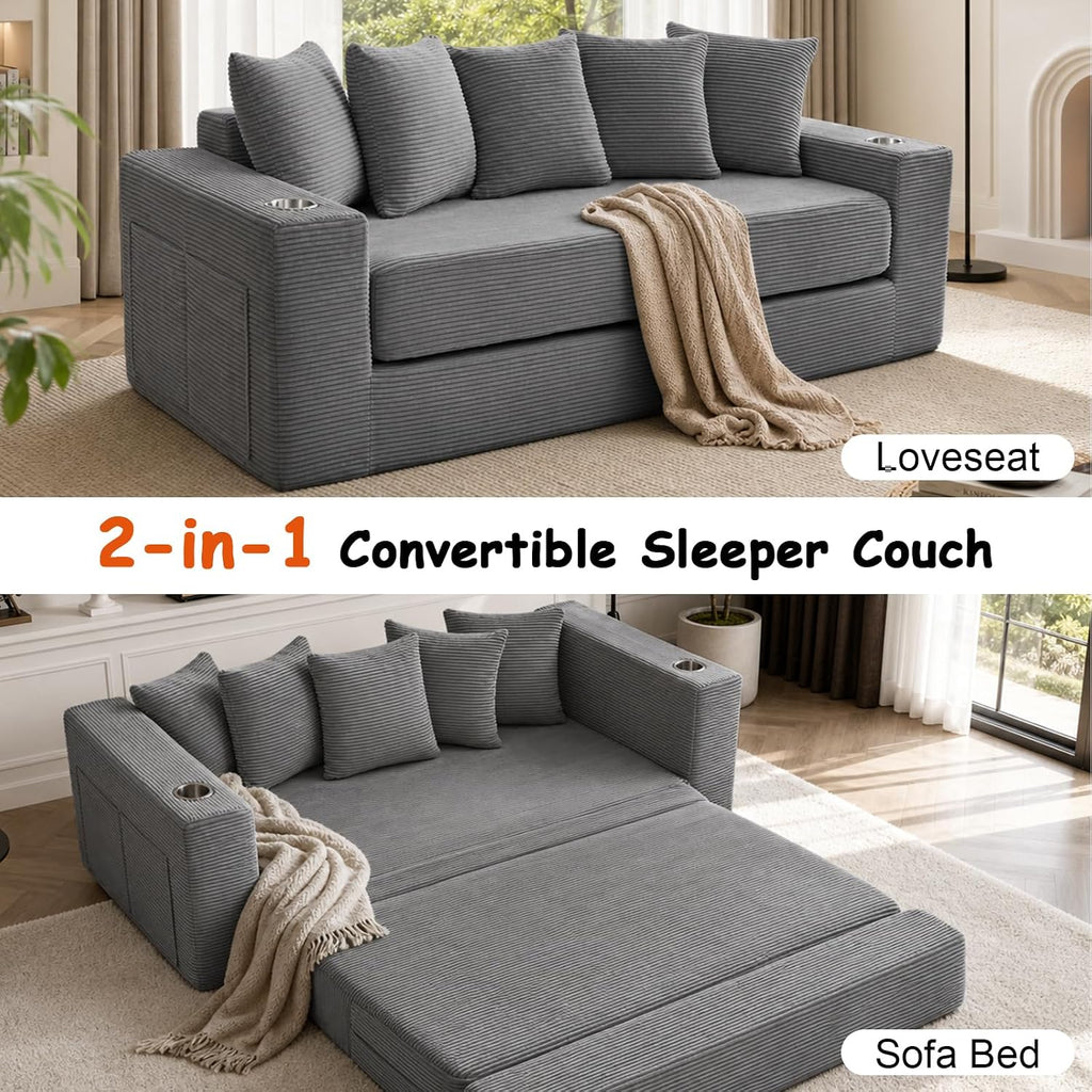 76" Convertible Sofa Bed, Corduroy Couch with Cup Holders & Pocket | 2-in-1 Sleeper Sofa, Pull-out Couch Bed with 5 Pillows, Living Room, Small Spaces, Bedroom, No Assembly