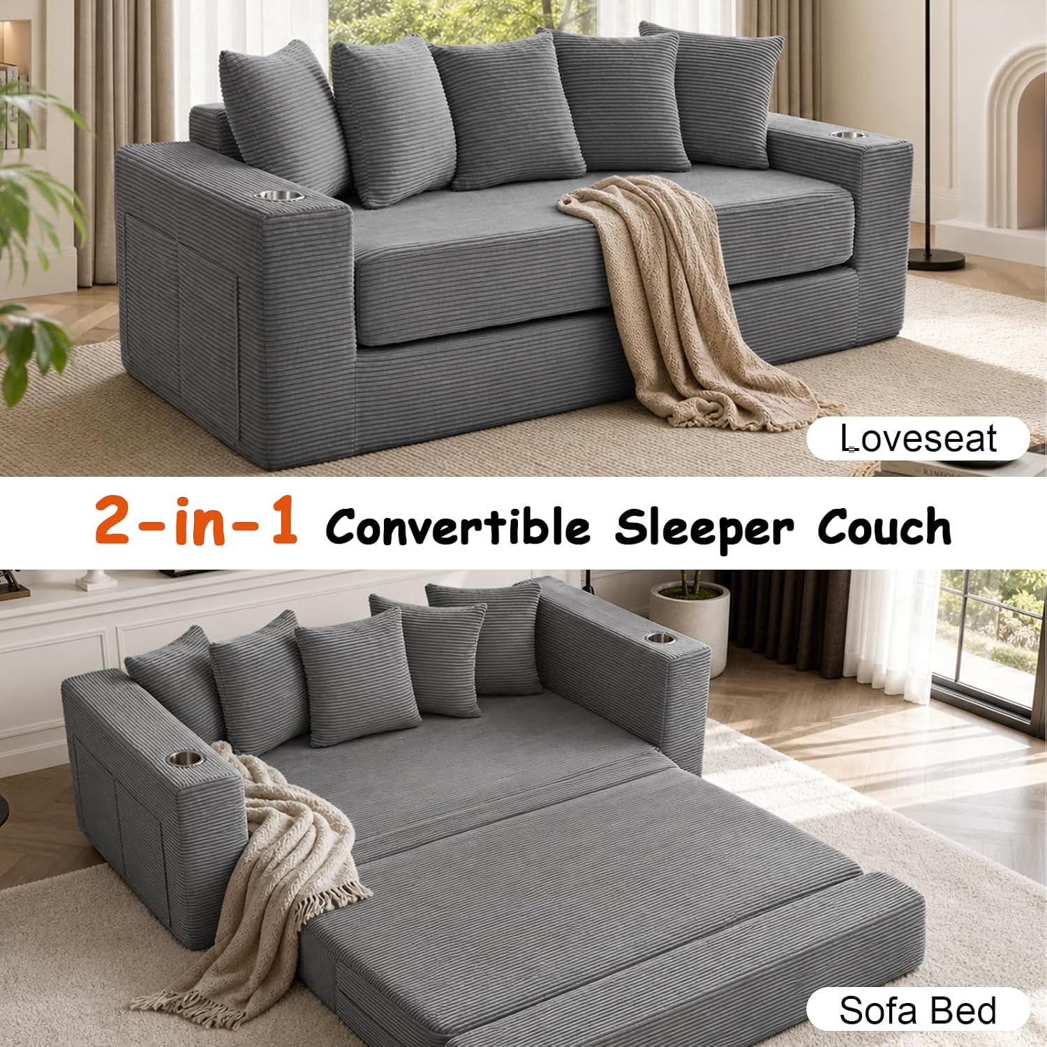 76" Convertible Sofa Bed, Corduroy Couch with Cup Holders & Pocket | 2-in-1 Sleeper Sofa, Pull-out Couch Bed with 5 Pillows, Living Room, Small Spaces, Bedroom, No Assembly