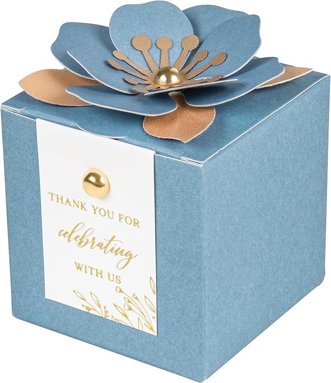 FEIYI 20 PCS Favor Boxes, 3 In 1 Dusty Blue Candy Boxes with Floral Decor, White Thank You Tags Gold Foil Print Gift wrapping for Wedding, Baby Shower, Birthday, Decorations Party - 2.55x2.55x2.55
