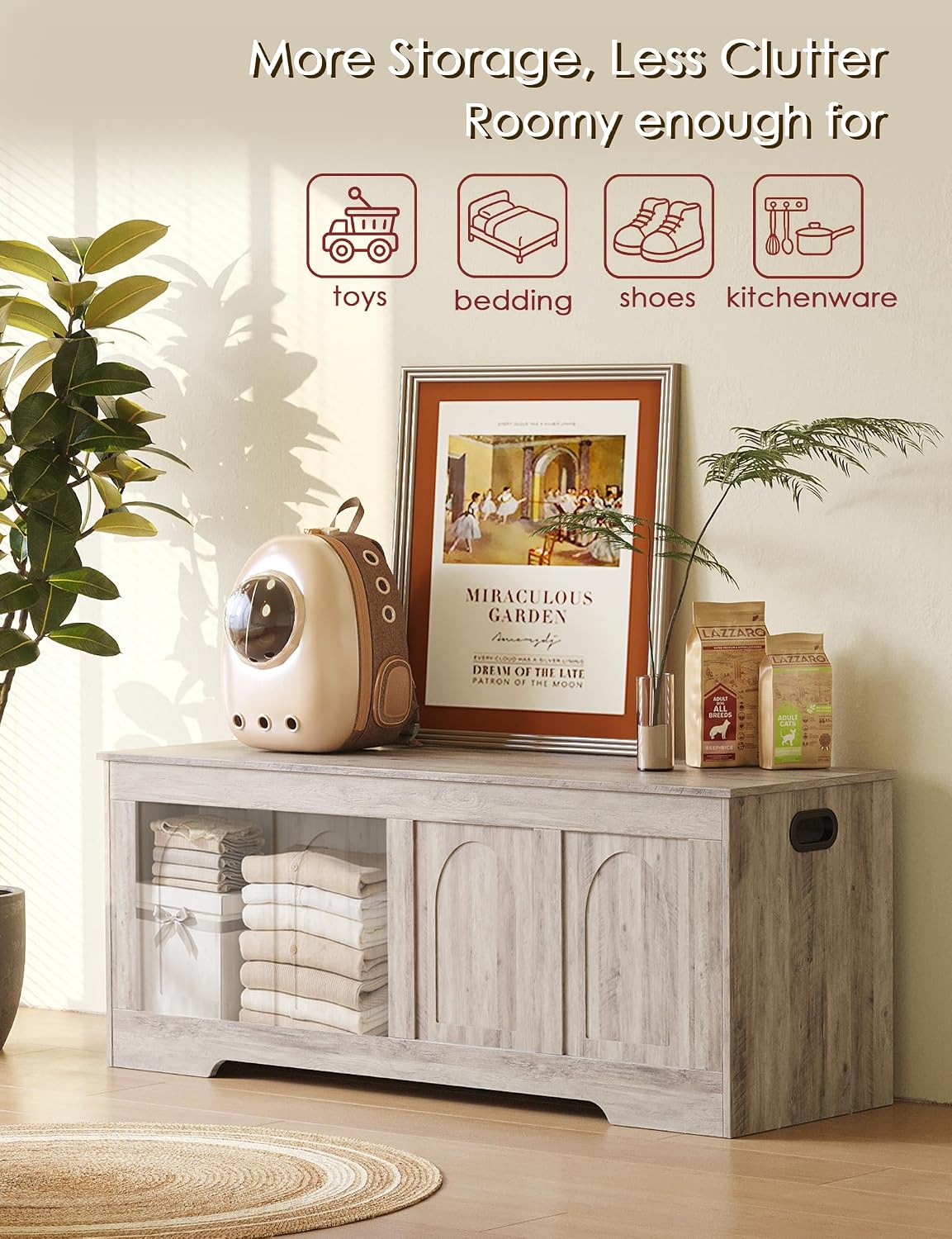 DINZI LVJ Storage Chest, Wooden Toy Box, Greige 50.0" L | Extra Large Storage Bench, 2 Soft-close Hinges, Finger-safe Flip-Top Lid, Easy Assembly, Farmhouse Trunk, Living Room/Bedroom