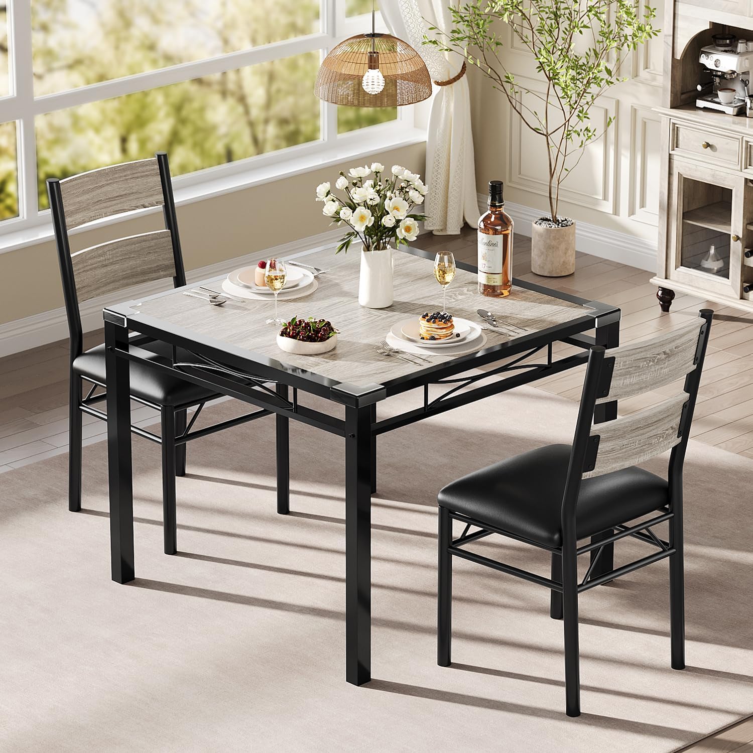 IDEALHOUSE Dining Table Set for 2 with Corner Protector, Kitchen Table Chairs Set of 2 w/Upholstered Chairs, Wood Dining Room Table Set for 2, for Dining Room, Apartment, Retro Gray