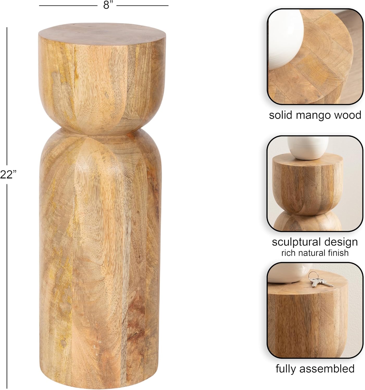 Kate and Laurel Teo Transitional Mango Wood Drink Table, 8 x 8 x 22, Natural Wood, Modern Sculptural Bedroom Nightstand with Unique Pedestal Table Design for Use as Indoor Plant Stand