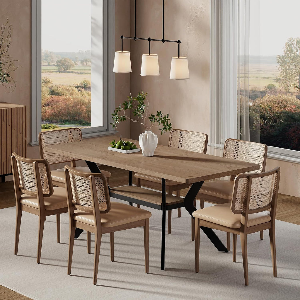 MECHYIN Extendable Dining Table for 4-8, 55-71 in, Storage Shelf, Natural | Flip Leaf Stores Under Top, No-Gap Metal Connectors, Chairs Tuck Under Pedestal Base, Oak Wood-Grain Top, Fits Apartments