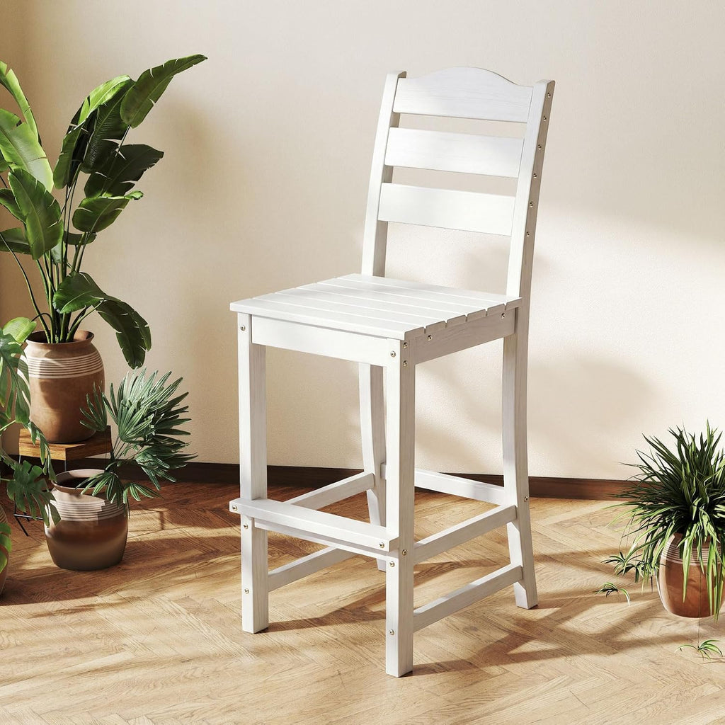 Tangkula Patio HDPE Barstool, Outdoor High Top Bar Chair w/Backrest & Footrest, All-Weather Wood-Plastic Bar Height Chair for Poolside, Backyard, Porch (2, White)