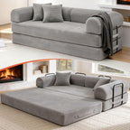 79'' Convertible Sofa Bed, Couch-in-a-Box, Corduroy Floor Futon Loveseat Sleeper, 26'' Deep Seat, Removable Machine-Wash Covers, No Assembly, 2 Pillows, Light Grey