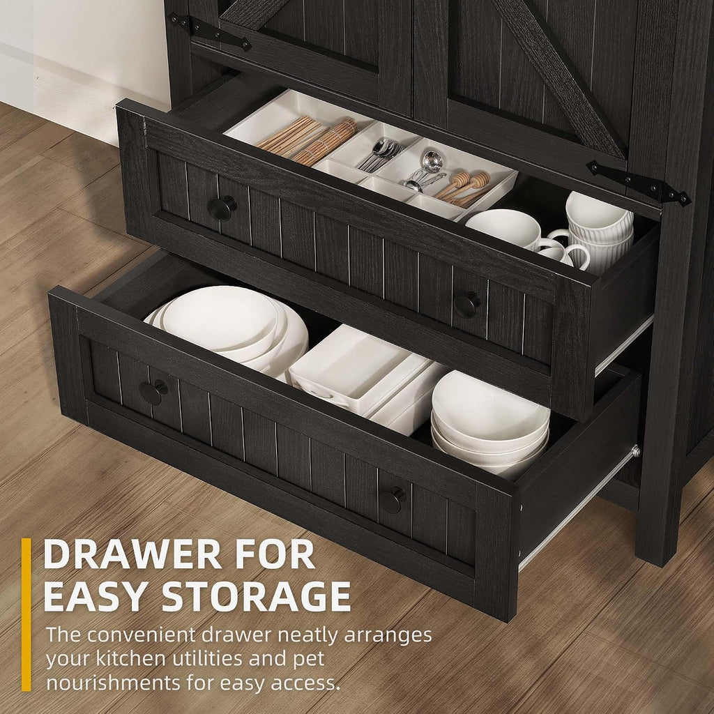 DWVO Farmhouse Kitchen Pantry Cabinet, 64.5" Tall Storage Cabinet with 2 Drawers and Adjustable Shelves, Versatile Storage for Living Room, Dining Room or Hallway, Oak Black