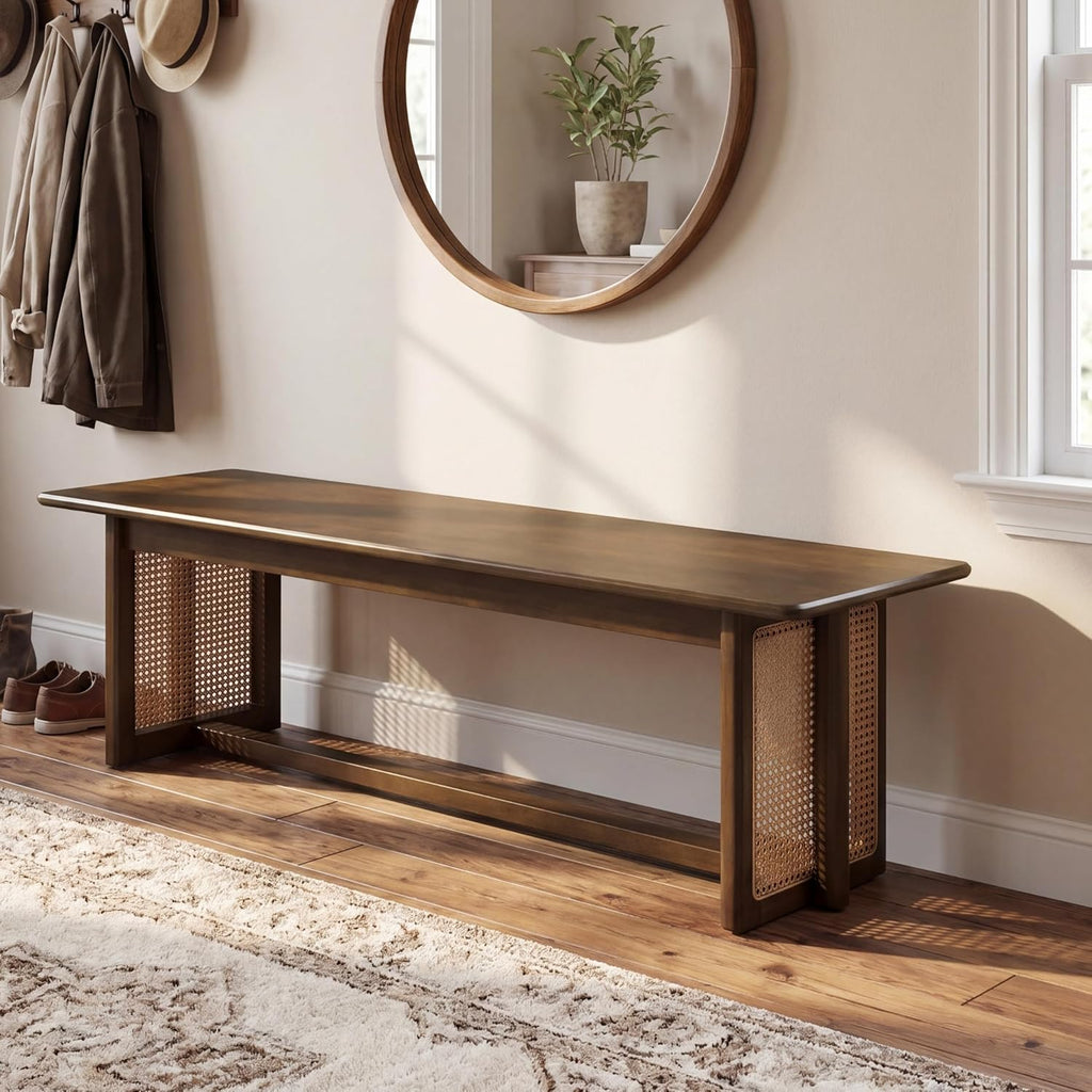 Merax Rustic Rubber Wood 59.06''L Rectangular Dining Bench with Rattan Accents Legs, Large Rectangular Kitchen Bench Fits up to 3 People, Easy Assemble, Walnut