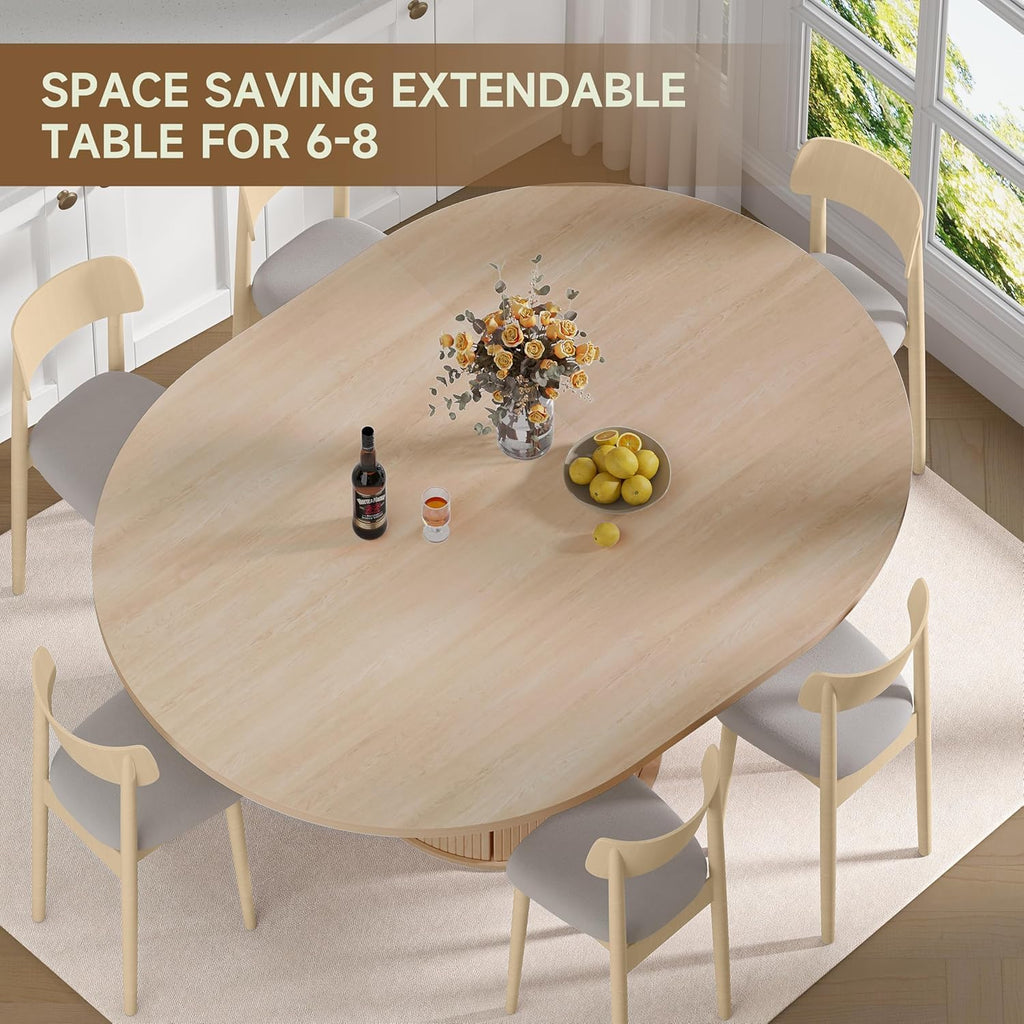 Extendable Round Dining Table: 47″–63″ Kitchen Table for 4 6 8 with Dust-Proof 2-Tier Storage Shelf Space Saving, Modern Farmhouse Expandable Wood Oval Circle Dinner Furniture with Pedestal Base