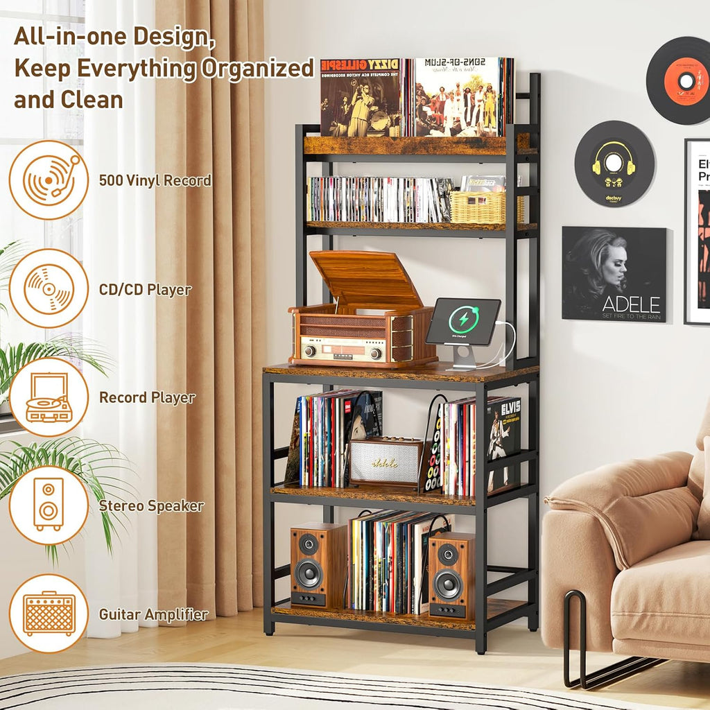 Large Record Player Stand with Vinyl Storage Shelf, Holds Up 500+ Albums | 5-Tier Record Player Table Turntable Stand with Charging Station & CD/DVD Rack, Vinyl Record Storage for Living Room Bedroom