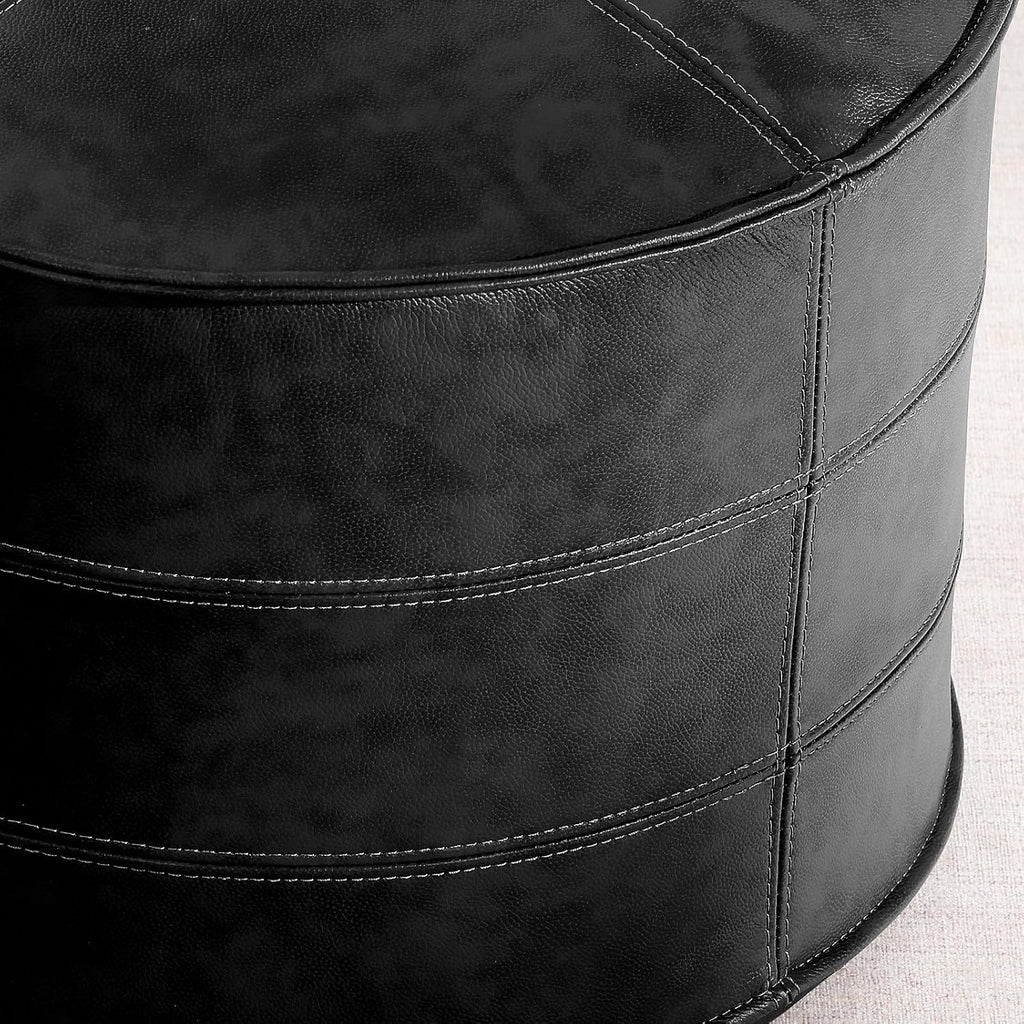 Leather Ottoman,Handmade Stuffed Square Ottoman,Genuine Leather Pouf, Foot Rest Pouf,Comfortable Soft Seating for Living Room & Bedroom (Black, Round)