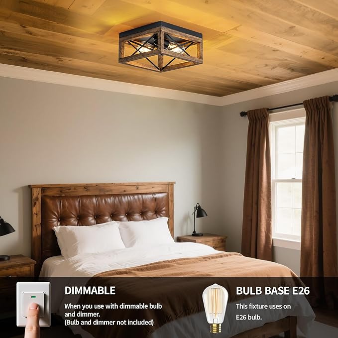 MAYNA Farmhouse Flush Mount Ceiling Light, 2-Light Rustic Ceiling Light with Metal and Wood, Farmhouse Hallway Light Fixtures for Kitchen Entryway Bedroom Dining Room