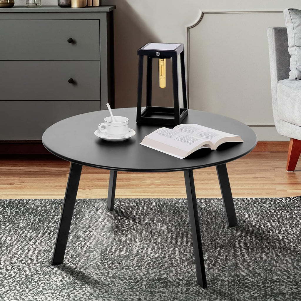 Patio Coffee Table - Metal Steel Outdoor Round Table Weather Resistant Anti-Rust Table (Black)