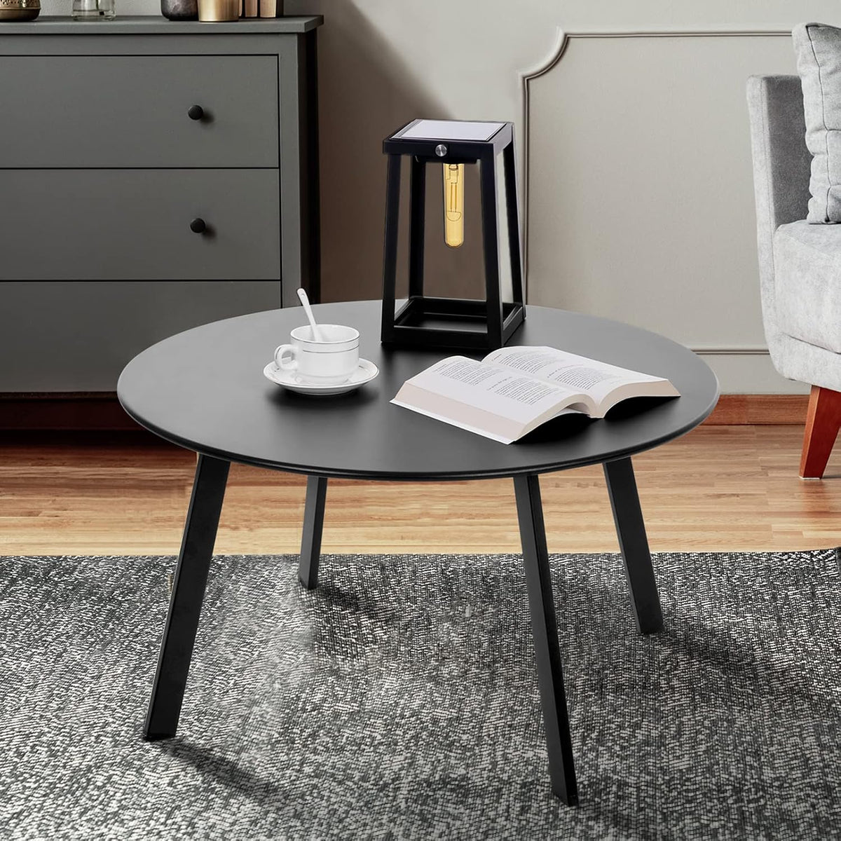 Patio Coffee Table - Metal Steel Outdoor Round Table Weather Resistant Anti-Rust Table (Black)
