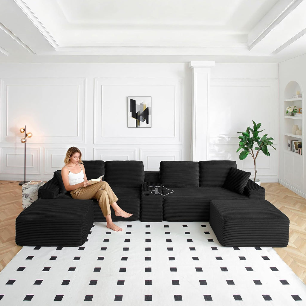ivoros 150 Inch Modular Sectional Sofa Couch, Oversized Modern Cloud Couch for Living Room, U Shape Couches with 2 Ottomans, USB Ports and Cup Holders, Black Corduroy Sofas, Sofa in a Box