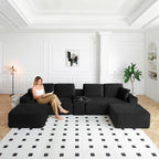 ivoros 150 Inch Modular Sectional Sofa Couch, Oversized Modern Cloud Couch for Living Room, U Shape Couches with 2 Ottomans, USB Ports and Cup Holders, Black Corduroy Sofas, Sofa in a Box