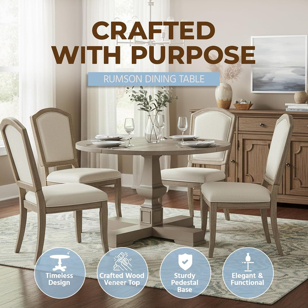 ROME + OAK Rumson Modern Dining Table, 44-Inch Round Tabletop with Sturdy Pedestal Base, Rustic Beige - Natural Wood Furniture Piece for Homes