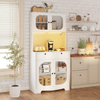 72" Black Kitchen Pantry Cabinet with Lights and Charging Station, Tall Hutch Storage Cabinet Coffee Bar Cabinet with Microwave Shelf for Dining Room