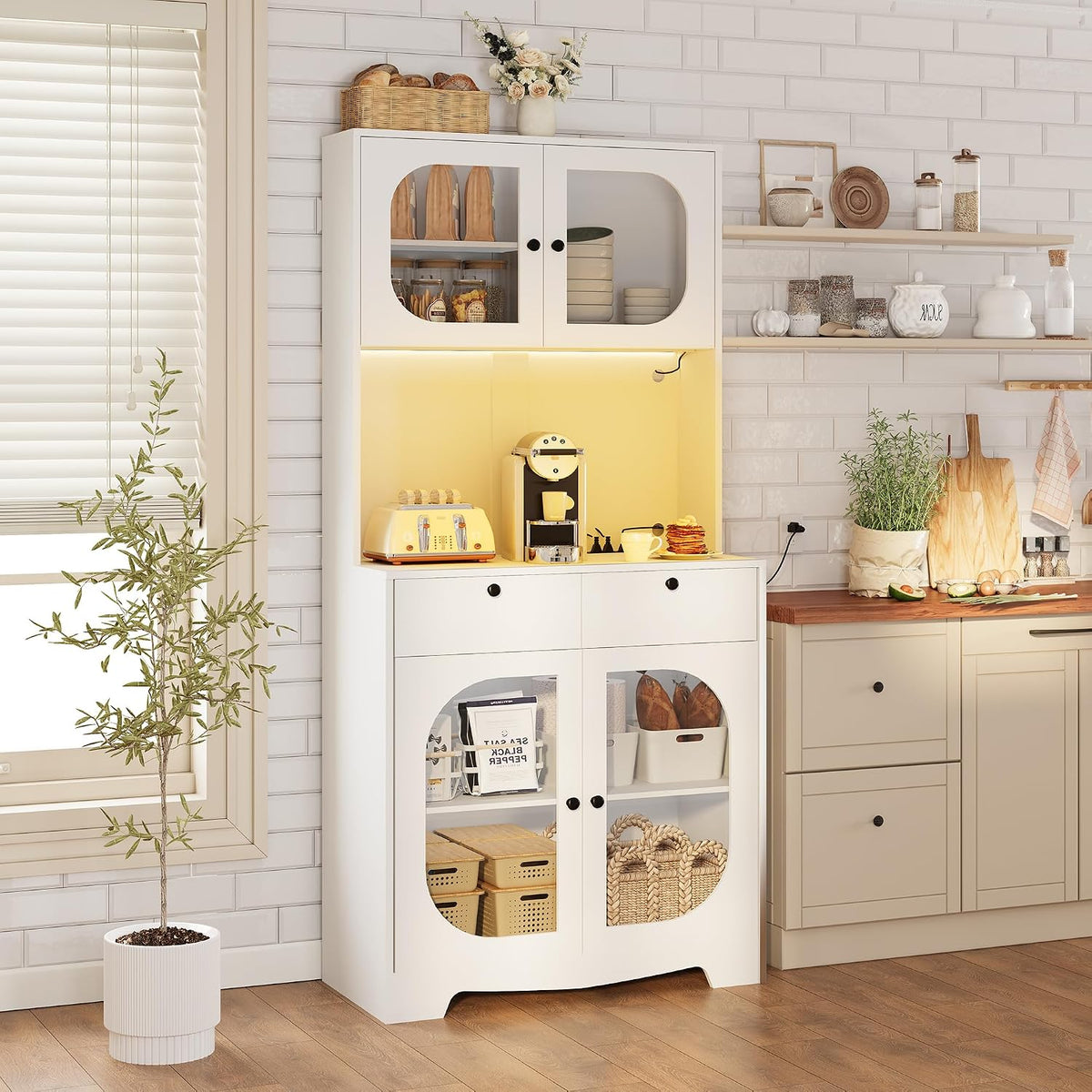 72" Black Kitchen Pantry Cabinet with Lights and Charging Station, Tall Hutch Storage Cabinet Coffee Bar Cabinet with Microwave Shelf for Dining Room