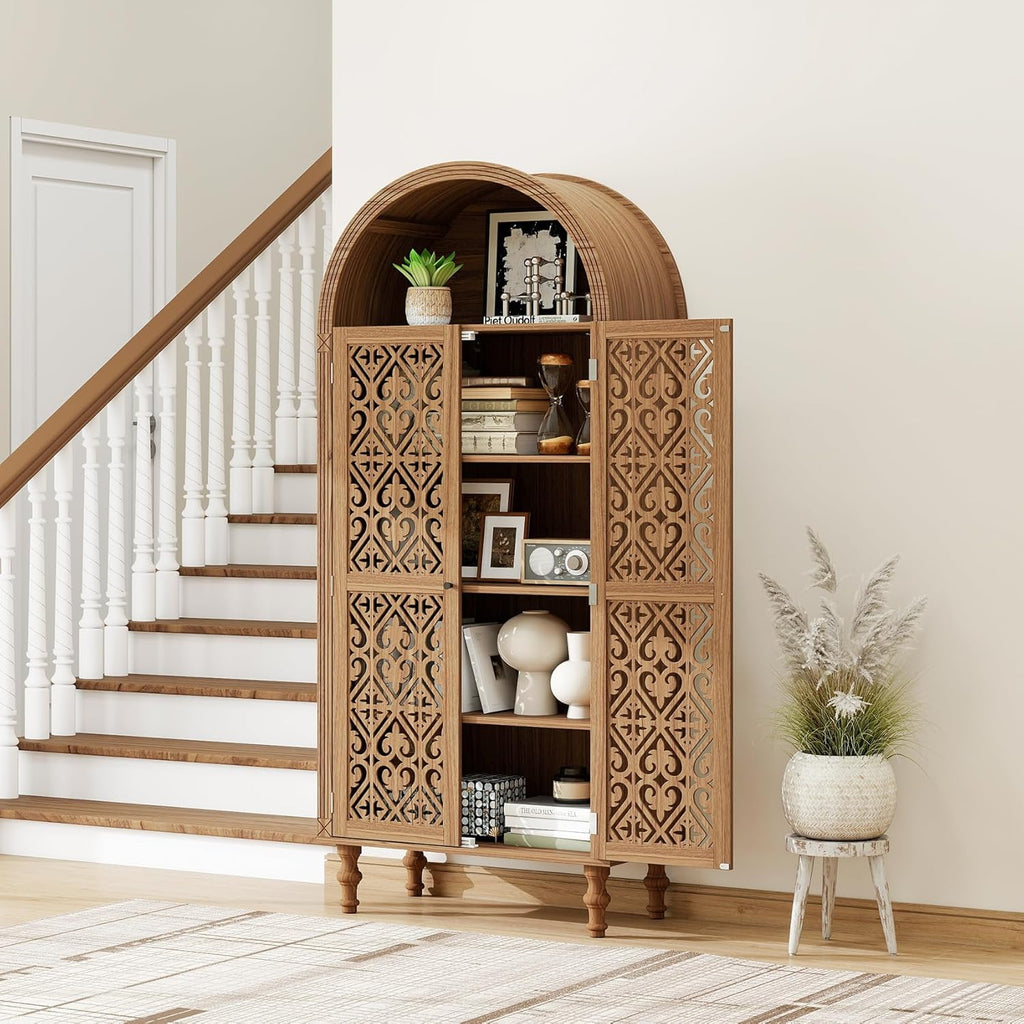 70" Tall Arched Storage Cabinet with 2 Hollow Carved Doors, Boho Kitchen Pantry with 5-Tier Storage Space, Modern Farmhouse Cupboard Bookcase for Living Room, Kitchen, Study, Walnut, 1 PCS