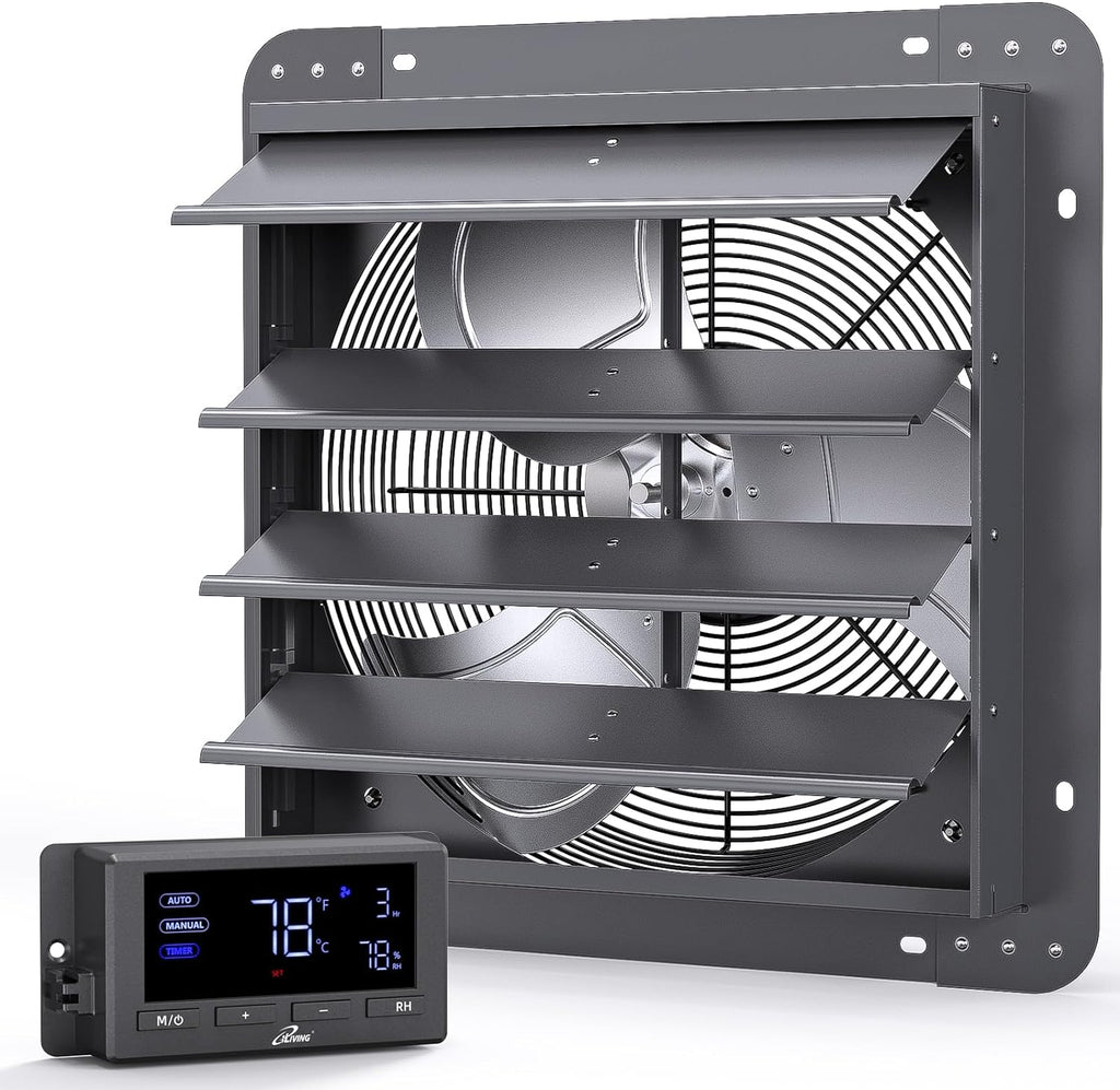 iLiving 16" Wall Mounted Shutter Exhaust Fan, Automatic Shutter, Temperature and Humidity Controls with Variable Speed, 1736 CFM at 1600 RPM DC Motor