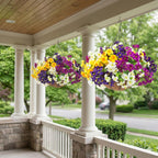 2 Set Artificial Outdoor Flowers with Hanging Baskets,24 Pcs UV Resistant Faux Petunias Flowers with Hanging Planter for Front Door Porch Spring Outside Decor (2, White,Yellow,Purple,RedViolet)