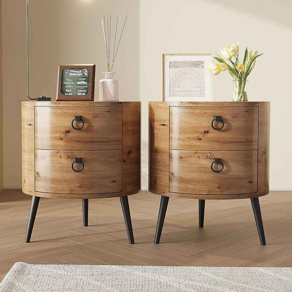 GarveeHome Round Side Table with Drawers Modern Night Stand with Storage Wooden Accent End Table Circle Bedside Table with Metal Legs for Living Room, Bedroom (Natural)