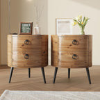 GarveeHome Round Side Table with Drawers Modern Night Stand with Storage Wooden Accent End Table Circle Bedside Table with Metal Legs for Living Room, Bedroom (Natural)