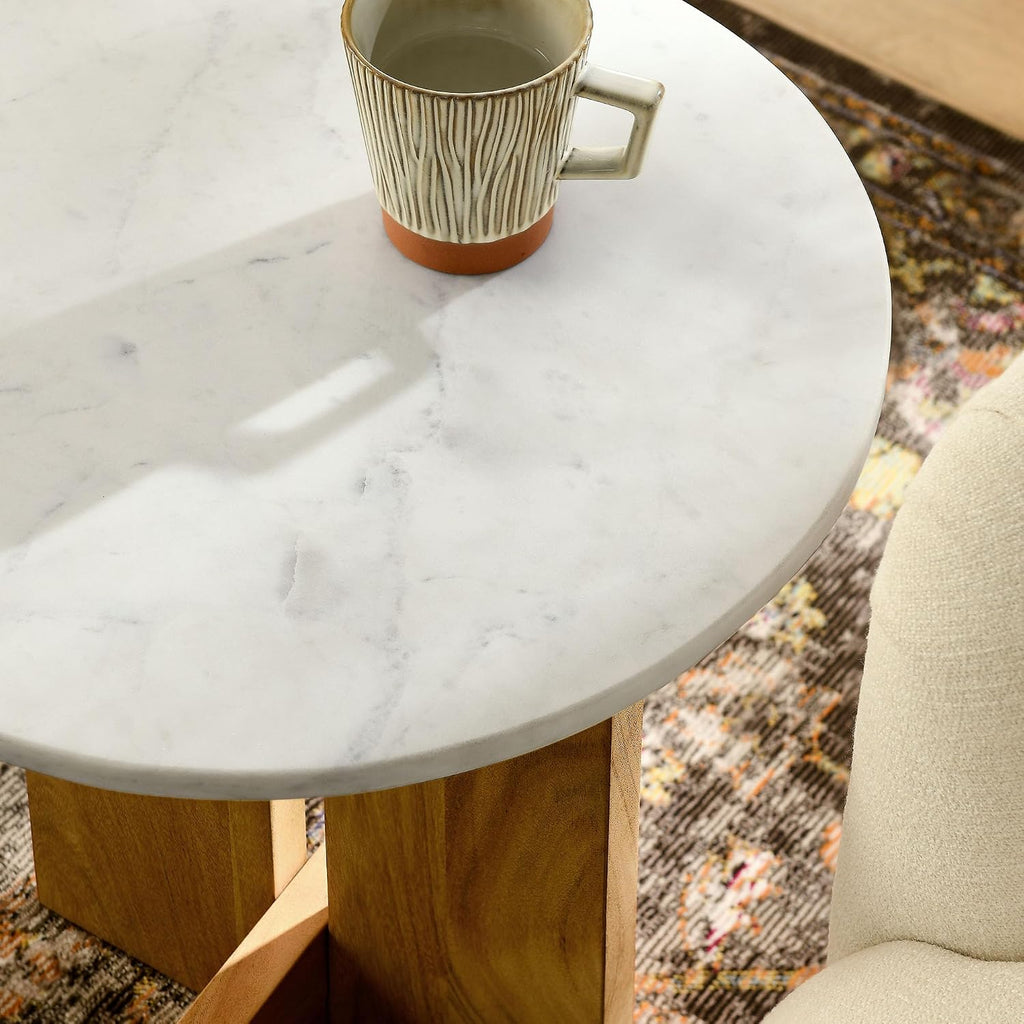 Modway Tarin Marble Top Side Table in Natural - Round Acacia Wood Living Room End Table - Modern Plant Stand or Small Drink Table