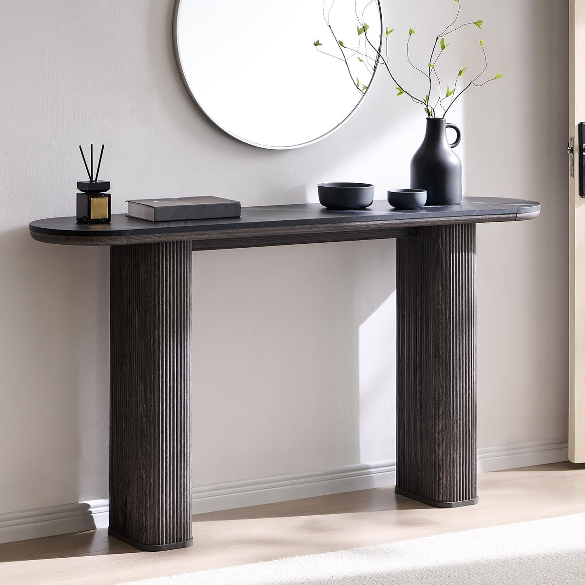 OKD 63" Modern Console Table with Arc Faux Marble Texture Top, Fluted Wood Base, Contemporary Entryway Sofa Table for Living Room, Hallway, Foyer, Dark Alder
