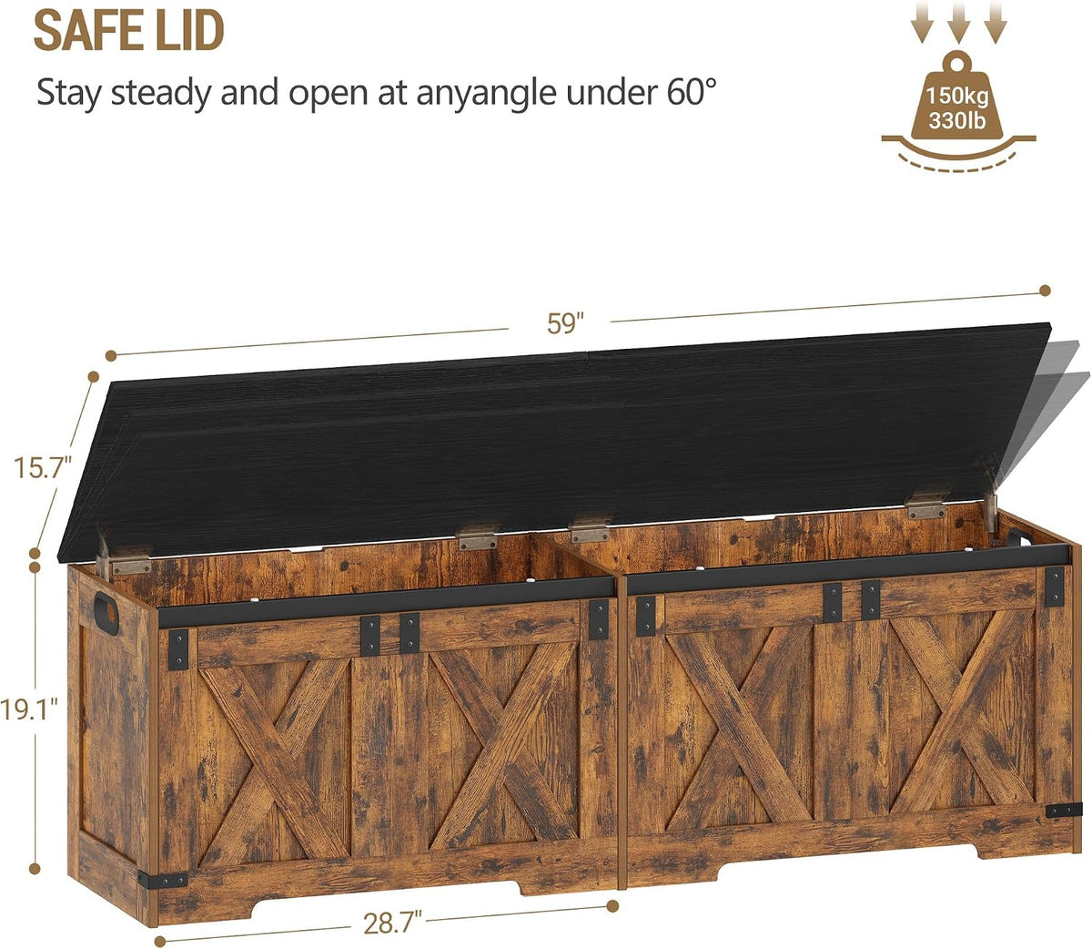Hzuaneri 59" Farmhouse Storage Chest and Bench | 70 Gal | 330lb Seat | Soft-Close Hinges | Rustic Brown | Shoe and Blanket Storage for Bedroom, Living Room, Entryway | Easy Assembly | SB15001X