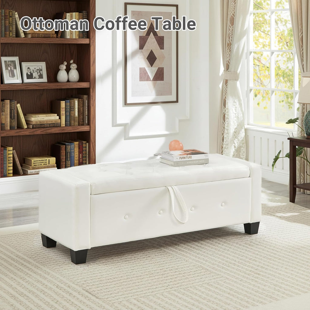 48" Faux Leather Ottoman with Storage, Tufted Storage Ottoman Bench with Safety Hinge, Rectangular Extra Long Bench for Bedroom, Living Room, Entryway and Window, White